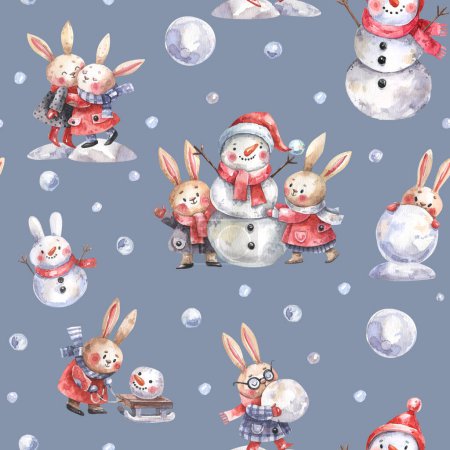 Téléchargez les photos : Aquarelle, motif sans couture avec bonhommes de neige, lapins faisant bonhommes de neige, boules de neige en style dessin animé. Fond d'hiver avec des personnages mignons dans le style de dessin animé. - en image libre de droit