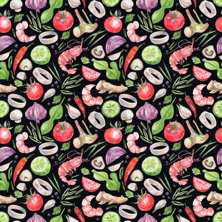 Téléchargez les photos : Bright seamless pattern with Thai cuisine ingredients on a black background. Traditional Thai food, seafood, vegetables, herbs and spices background. Watercolor illustration texture - en image libre de droit