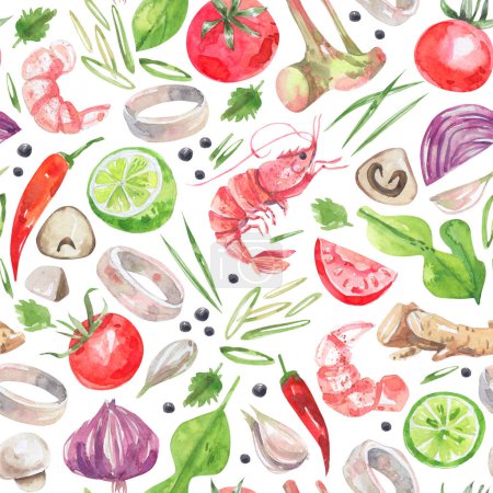 Thai cuisine ingredients watercolor seamless pattern on white background. Shrimp, squid, chili, garlic, vegetables and spices seamless pattern. Watercolor illustration for menu design, cafe, textiles