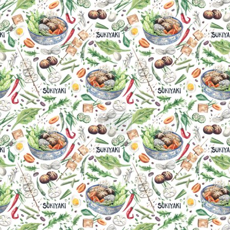 Téléchargez les photos : Nourriture traditionnelle japonaise motif sans couture avec des illustrations aquarelle. Soupe sukiyaki, légumes, champignons, nouilles, tofu et autres aliments asiatiques motif sans couture. - en image libre de droit