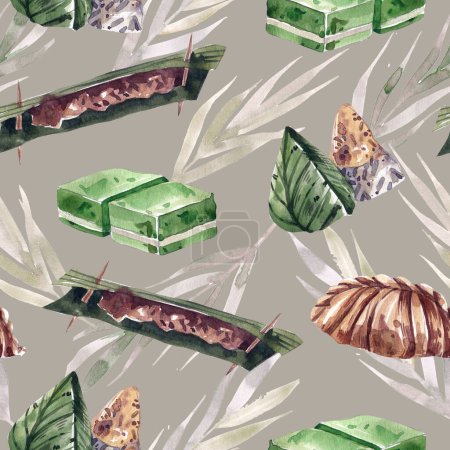 Aquarell nahtloses Muster mit traditionellen thailändischen Süßigkeiten auf grauem Hintergrund. Klebriger Reis in Bananenblättern, Pandangelee, Blätterteig, süße Bohnen Hintergrund.