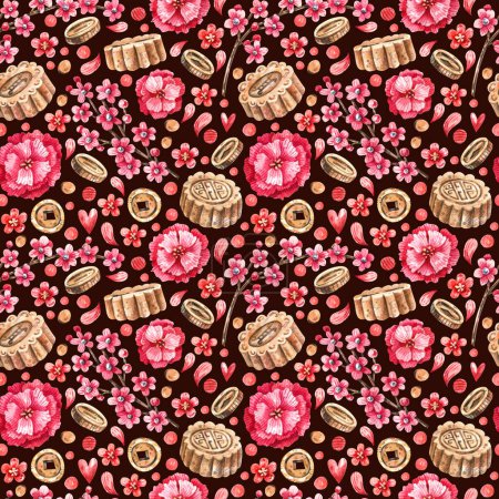 Watercolor seamless pattern with traditional Chinese sweets, red flowers and coins on a dark background. Moon cakes, golden coins, red traditional flowers background. Chinese New Year texture.