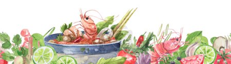 Photo for Horizontal border with traditional Thai food, tom yum soup, seafood, vegetables, spices. Thai cuisine watercolor illustration for menu, advertising, design. Asian cuisine. - Royalty Free Image
