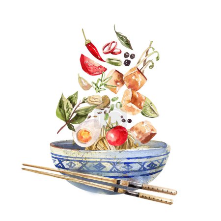 Foto de Asian dish in bowl watercolor culinary illustration isolated on white background. Vegetarian Japanese, Chinese dish with tofu, noodles, spices and vegetables. Ramen watercolor illustration. - Imagen libre de derechos