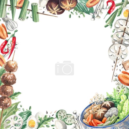 Téléchargez les photos : Cadre carré asiatique de nourriture de rue en style aquarelle dessiné à la main. Soupe sukiyaki, tofu barbecue, racine de lotus, fond de champignon. Modèle pour menu, publicité, design de cuisine. - en image libre de droit
