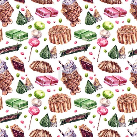 Téléchargez les photos : Traditional Asian sweets seamless pattern on white background. Watercolor illustrations of Thai, Japanese sweets. Taiyaki, sticky rice, mochi, jelly, moon cakes bright, seamless pattern. - en image libre de droit