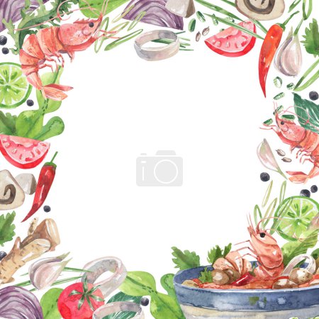 Watercolor, square frame with traditional Asian food. Watercolor illustration of Thai cuisine ingredients background. Seafood, vegetables, spices and herbs, shrimp, chili peppers.
