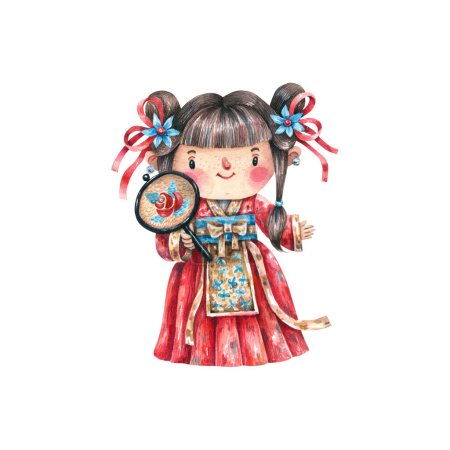 Cute Chinese girl in traditional costume watercolor illustration. Chinese New Year cartoon character. Chinese girl in a red dress.