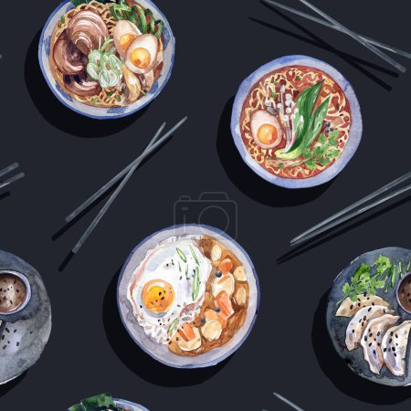 Traditional Asian food seamless pattern on black background. Thai, Chinese and Japanese food background. Spicy noodles, ramen, curry, dumplings.