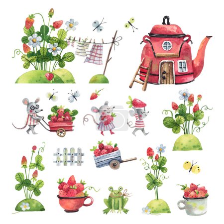 Photo for Strawberry berries and flowers, mouse cartoon characters, teapot house watercolor illustration. Collection of watercolor elements isolated on white background. Cartoon elements. - Royalty Free Image