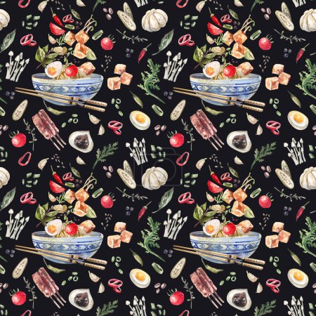 Téléchargez les photos : Watercolor, seamless pattern with traditional Asian food, sukiyaki, tofu bowl, vegetables and spices on a black background. Sketch style watercolor illustration asian food background.Traditional asian - en image libre de droit