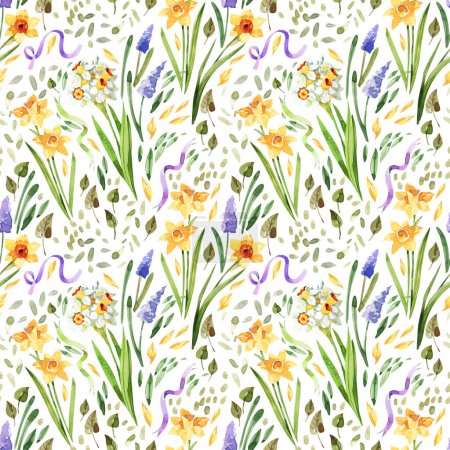 Photo for Watercolor spring flowers, daffodils, muscari, hyacinths, greenery watercolor seamless pattern on white background. Delicate, floral background, watercolor illustration. - Royalty Free Image