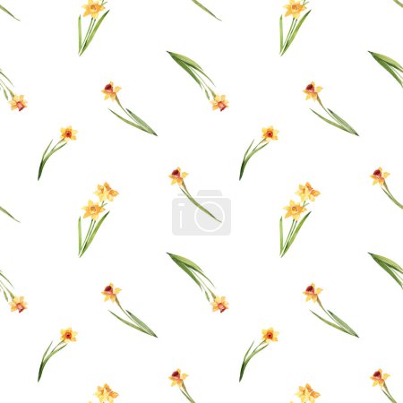 Photo for Watercolor floral seamless pattern with yellow daffodils on a white background. Delicate floral background. Children's textiles, wrapping paper. - Royalty Free Image