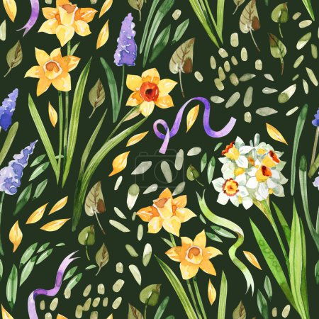 Photo for Bright watercolor seamless pattern with muscari flowers, daffodils, herbs and delicate ribbons on a dark background. Floral spring seamless background. - Royalty Free Image