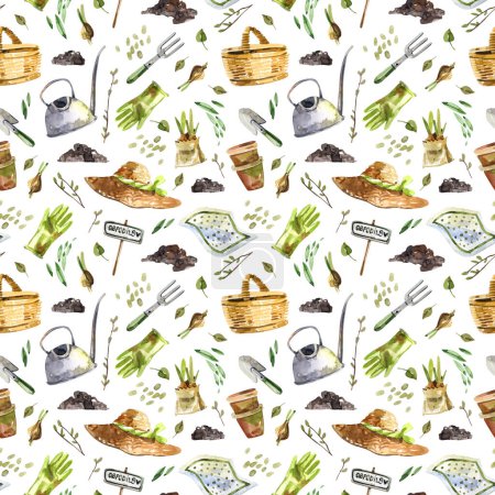 Photo for Spring garden work watercolor seamless pattern. Garden tools, straw hat, soil, plants watercolor illustration background. - Royalty Free Image