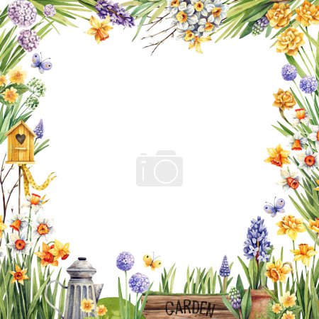 Jardín de primavera lleno de flores narcisos, jacintos, muscari marco cuadrado. Ilustración de acuarela para scrapbooking, invitaciones, tarjetas.