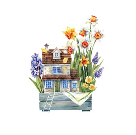 Wooden blue garden box with daffodil flowers and tiny old house watercolor illustration.Vintage style illustration for decor, postcards, scrapbooking