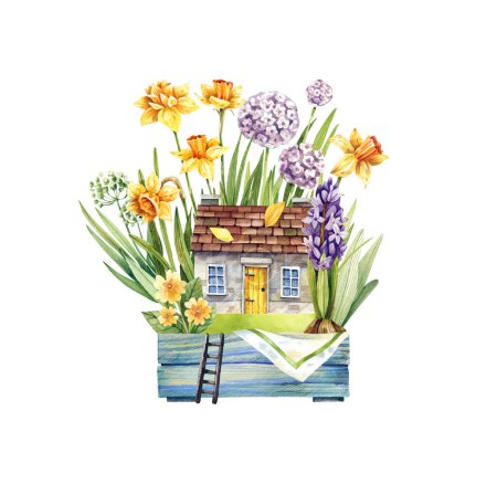 Casa vintage en caja de jardín de madera con narcisos pájaro acuarela ilustración en estilo chic shabby. Cuento de hadas, ilustración de primavera.