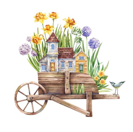 Fairytale watercolor illustration with spring daffodil garden, old rural house in farm wooden cart. House with a garden in an old cart. Scrapbooking, postcard, spring deco