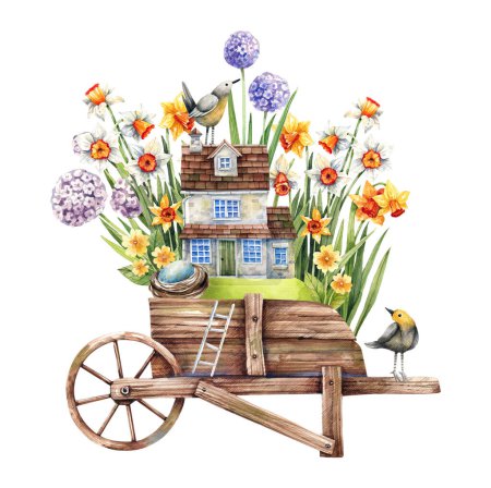 Märchenhafte Aquarell-Illustration mit Frühlingsnarzissengarten, altem Bauernhaus und Bauernhof-Holzwagen. Haus mit Garten in einem alten Wagen. Scrapbooking, Postkarte, Frühlingsdeko