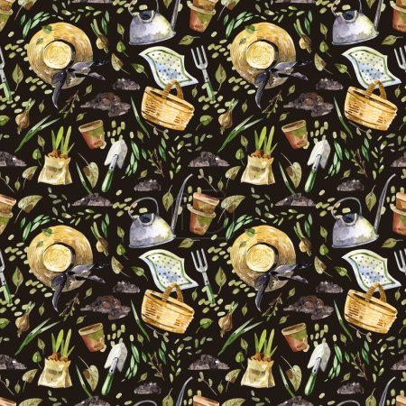 Photo pour Aquarelle motif sans couture avec outils de jardin, chapeau de paille, gants, plantes sur un fond sombre. Travail dans le jardin, fond de jardinier. - image libre de droit