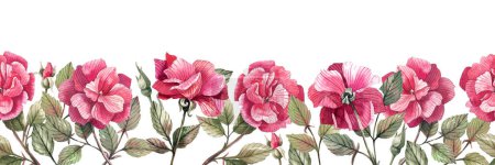 Foto de Borde sin costuras con flores y brotes de rosas rosadas pintadas en acuarela. Fondo floral, sin costuras. - Imagen libre de derechos
