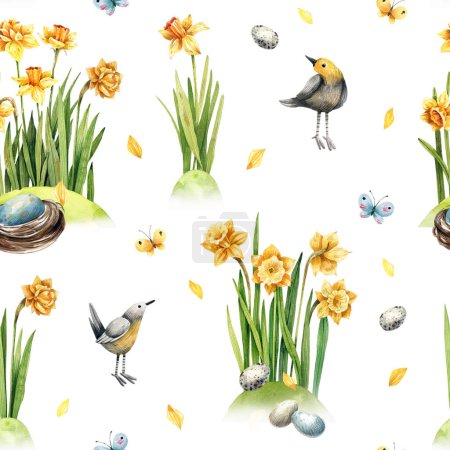 Téléchargez les photos : Illustration aquarelle d'un motif sans couture avec des fleurs printanières, des jonquilles, des oiseaux et des œufs sur fond blanc. Fonds printanier. - en image libre de droit