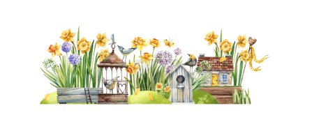 Märchenhafte Aquarell-Illustration. Blumenstraße mit Narzissen, Hyazinthen, Primeln, Vogelhäuschen, Stabhaus und Vintage-Käfig. Blumen, Tassen und Häuser.
