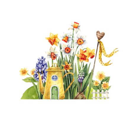Téléchargez les photos : Théière jaune dans un jardin de jonquilles et de primevères fabuleuse illustration à l'aquarelle. Fleurs de printemps et une fabuleuse maison. - en image libre de droit