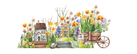 Photo for Fairy tale watercolor illustration. Flower street with a spring garden, daffodils, hyacinths, primroses, a wooden cart, old houses and birds. Flowers, cups and houses. - Royalty Free Image