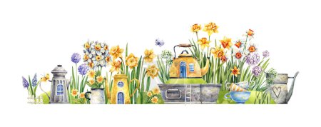 Märchenhafte Aquarell-Illustration. Blumenstraße mit Narzissen, Hyazinthen, Primeln, Teekannen, Tassen und Schmetterlingen. Blumen, Tassen und Häuser.