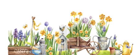 Téléchargez les photos : Jardin de printemps avec jonquilles et jacinthes fleuries, boîtes et chariots en bois, arrosoirs sur fond blanc illustration aquarelle. Illustration vintage dans un style rural. - en image libre de droit