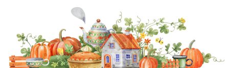 Cozy rural house with tiled roof, orange pumpkins, pumpkin pie and vegetable garden watercolor illustration. Hand drawn illustration for cards, scrapbooking, decoupage.
