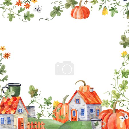 Square frame watercolor illustration with rural houses, pumpkin garden, orange pumpkins.