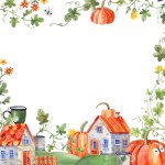 Square frame watercolor illustration with rural houses, pumpkin garden, orange pumpkins.