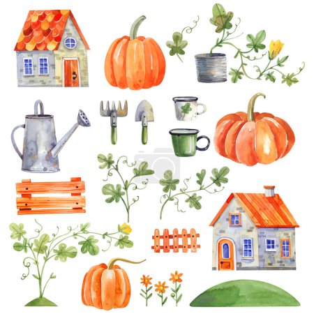 Set of watercolor illustrations of rural houses, pumpkins, garden tools, plants.textiles, packaging, decor, fabrics.