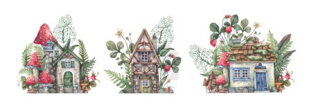 Photo for Watercolor illustration of forest houses in herbs, mushrooms and berries. Hut, half-timbered house, fly agaric, forest plants illustration. - Royalty Free Image