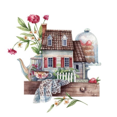 Old rural house, flowers, tea and cake watercolor illustration. Tea party, pastry shop - hand drawn postcard. Watercolor illustration in vintage style.