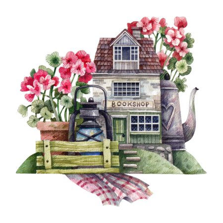 Rural old house with kerosene lamp, geranium flowers in pots watercolor illustration on a white background. Illustration for postcards, decoupage, scrapbooking.