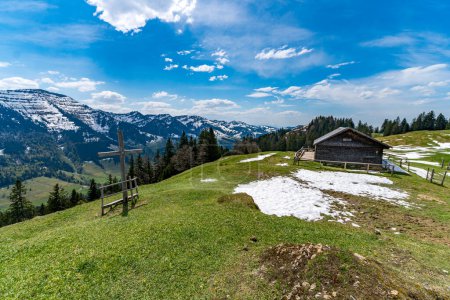 Photo for Beautiful panoramic circular hiking trail to the Denneberg at the Nagelfluhkette in the Allgau near Oberstaufen Steibis - Royalty Free Image
