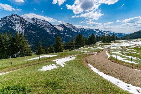 Beautiful panoramic circular hiking trail to the Denneberg at the Nagelfluhkette in the Allgau near Oberstaufen Steibis