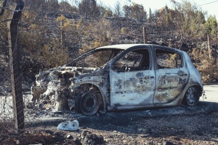 Photo for Izmir, Turkey - July 23, 2022: Burnt car aftermath the forest fire at Derya Site Seferihisar Izmir Turkey. - Royalty Free Image