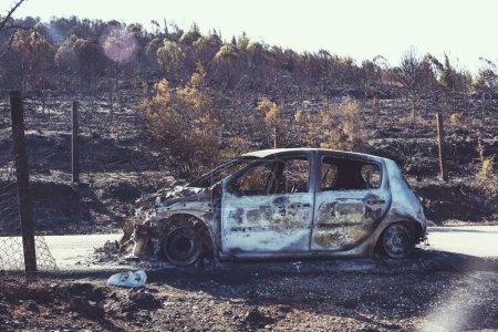 Photo for Izmir, Turkey - July 23, 2022: Side view of a Burnt car aftermath the forest fire at Derya Site Seferihisar Izmir Turkey. - Royalty Free Image