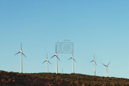 Photo for Windmills on a blue sky with sadly burnt trees at Cesme Karakoy. - Royalty Free Image