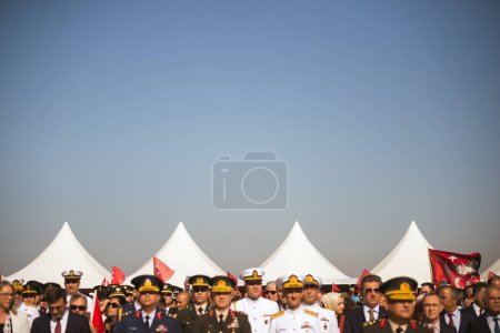 Photo for Izmir, Turkey - September 9, 2022: Crowded people on moment of silence and soldiers in the frame on the liberation day of Izmir at Republic square Izmir Turkey - Royalty Free Image