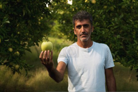 Photo for Portrait of a middle eastern holding an apple in his hand and posing in an apple orchard - Royalty Free Image