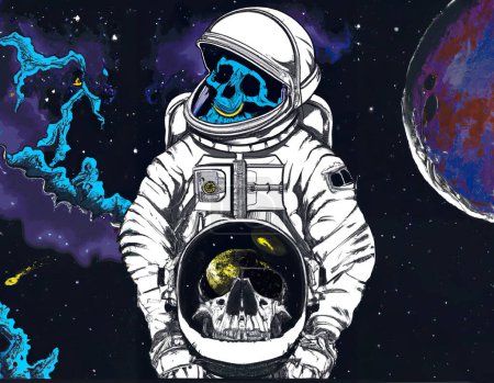 Foto de Calaveras con trajes de astronauta en el espacio. Dibujo realizado a través del software dall e AI. - Imagen libre de derechos