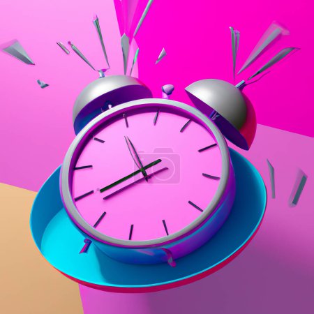 Téléchargez les photos : Sonnerie Horloge de table analogique de couleur rose sur un fond rose avec un certain mouvement. Créé via le logiciel ai dalle - en image libre de droit