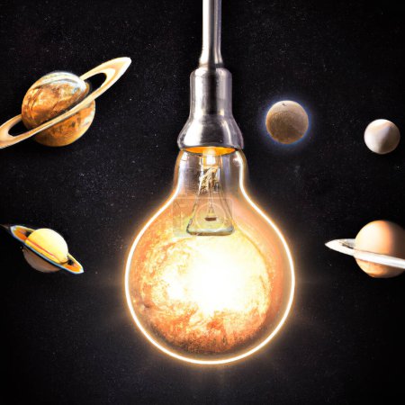 Photo for Photo of sun in an edison lightbulb on space background with earth, saturn and some planets in the frame. Created via an AI image software Dall-e - Royalty Free Image