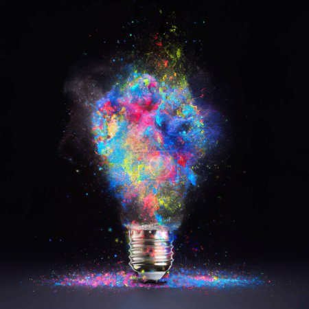 Photo for Light bulb shaped colorful powder explosion on a black background. - Royalty Free Image